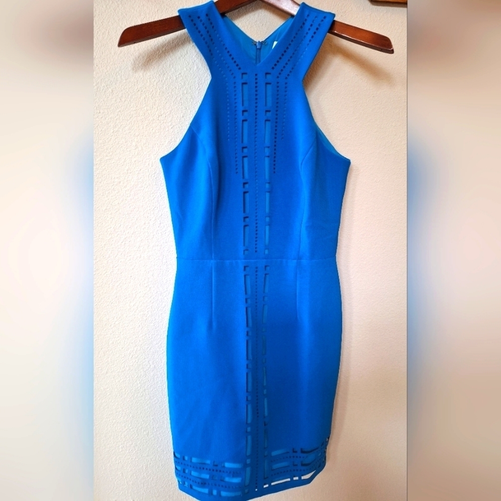 Greylin Millany Womens Fitted Blue Laser Cut Mini Dress Size Xs
